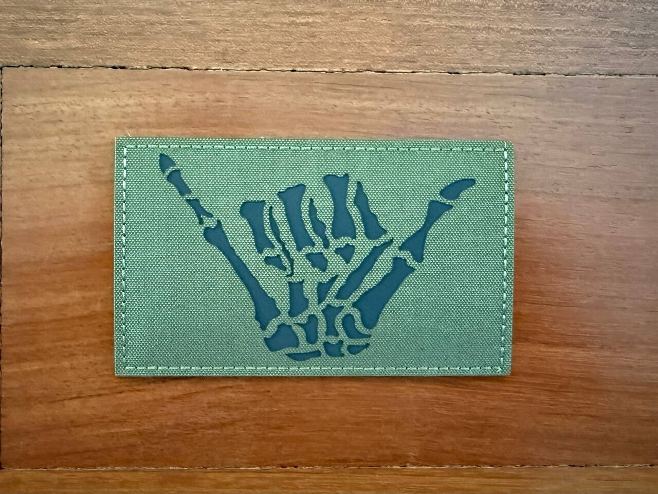 Skeleton Shaka Hand Gesture, Green Design Morale Badge - Russian Tactical Patch